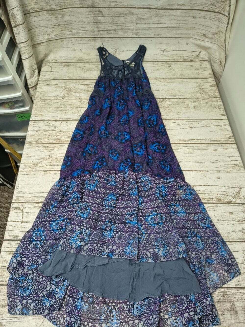 FREE PEOPLE Blue Purple Native Rose Lace Trim Hi-Lo Midi Maxi Dress Sz 6